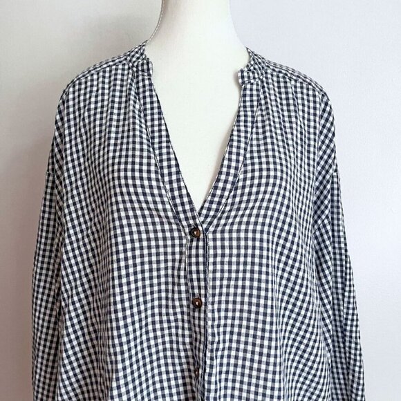 PILCRO WHITE BLUE CHECKERED GINGHAM OVERSIZED COLLARLESS BUTTON DOWN SHIRT - L - Picture 4 of 11
